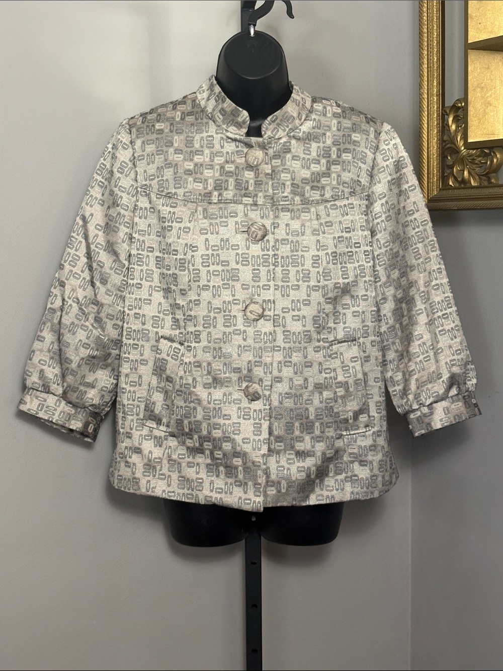 George Size 12 Gray Silver Metallic Geometric Jacquard Mandarin Collar Blazer